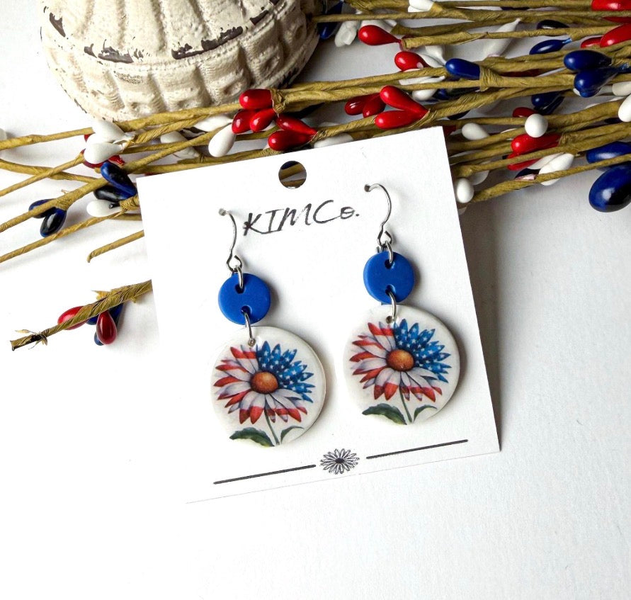 Polymer Clay Earrings - Patriotic Daisy