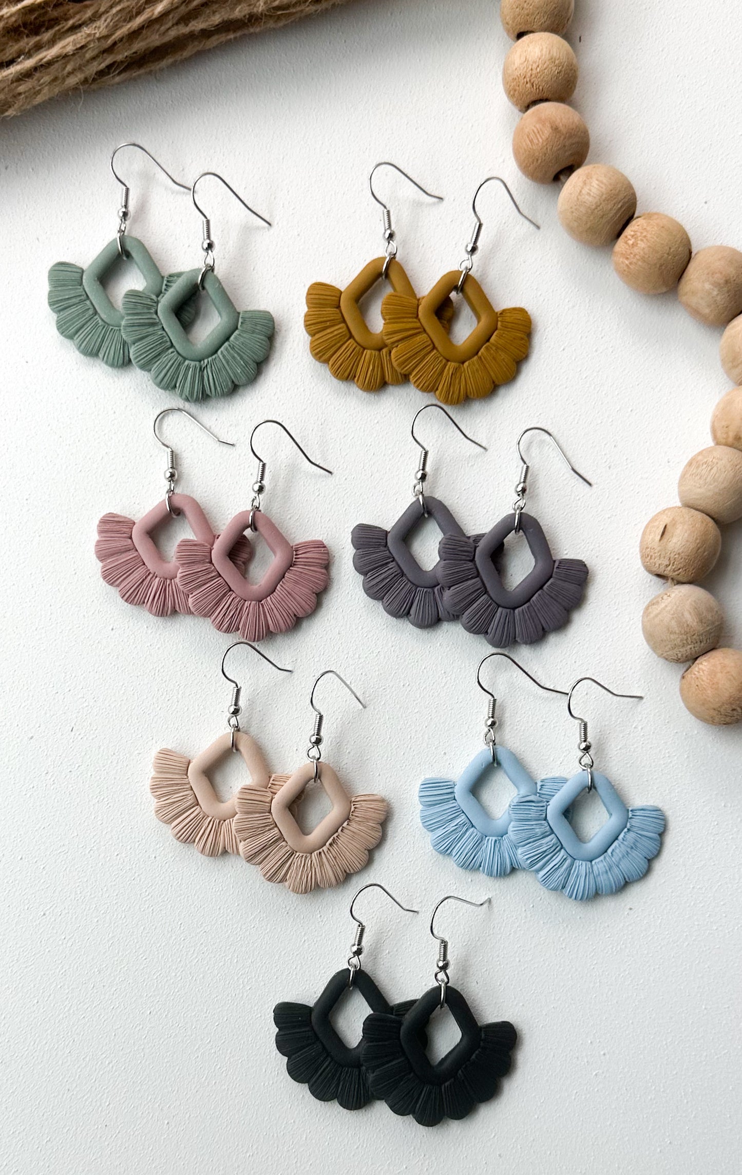 Boho Scallop Macramé Fringe Clay Earrings