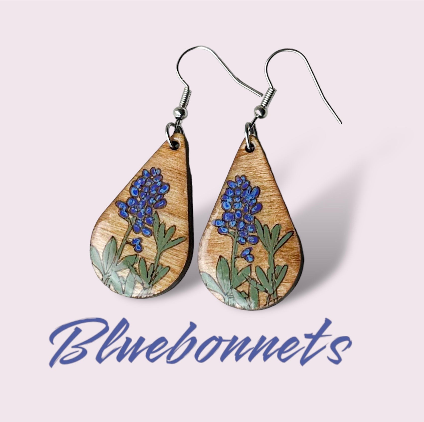 Wood bluebonnet earrings