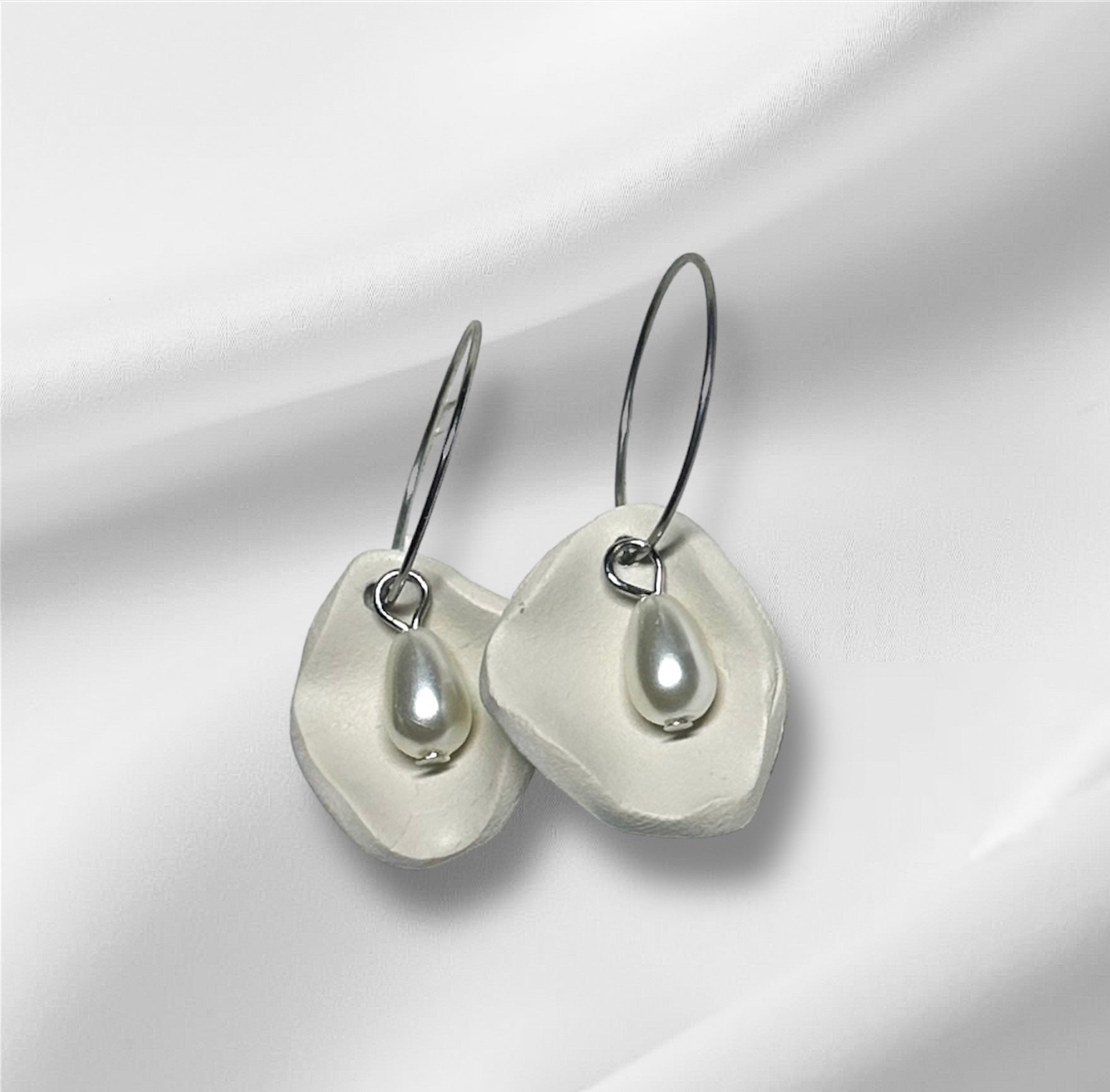 Polymer Clay Earrings White 'shell-like' with pearl drop
