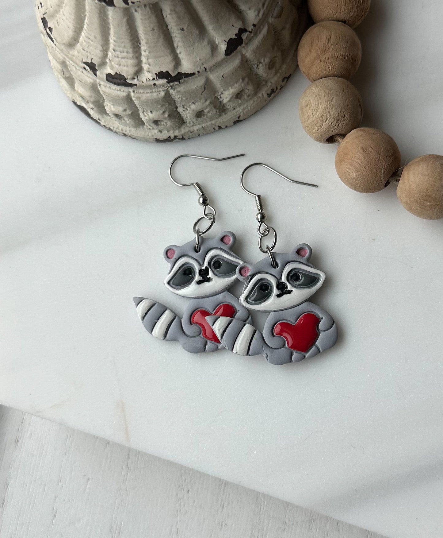 Polymer clay earrings - Raccoon Heart