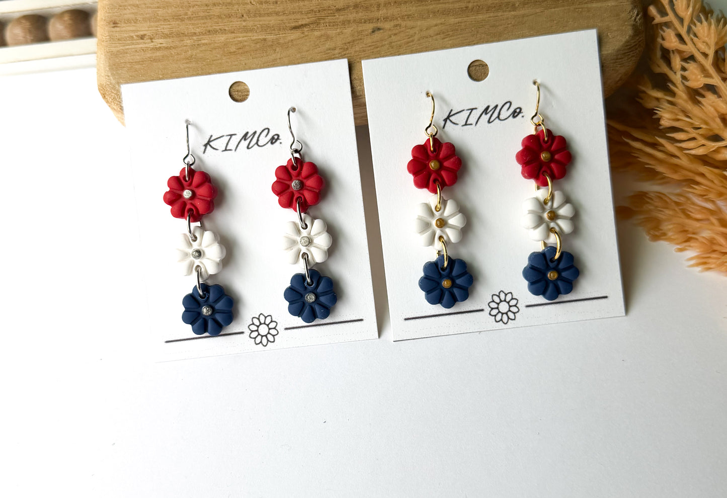 Polymer Clay Earrings - Patriotic Flower Drop