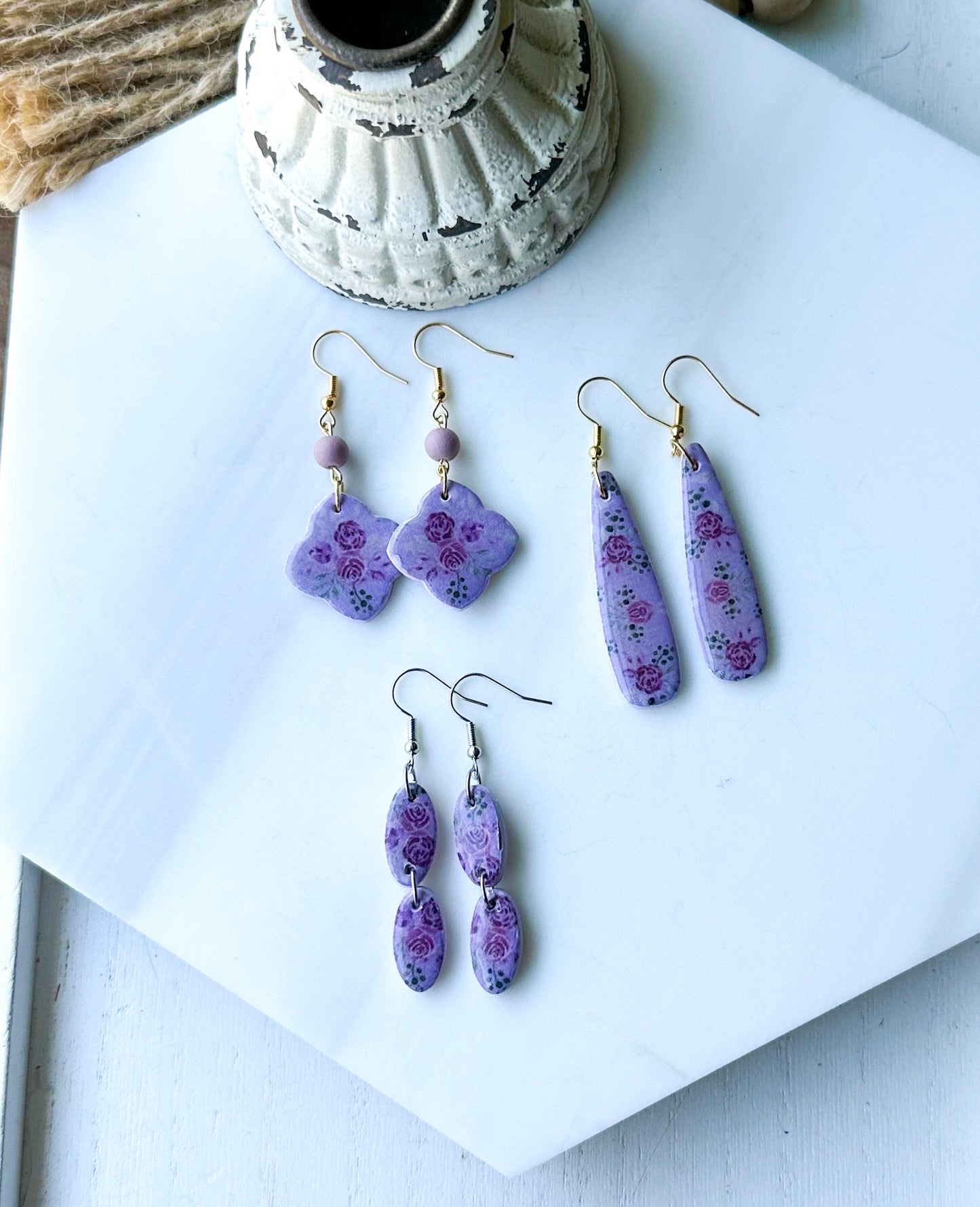 Polymer Clay Earrings • Purple Floral