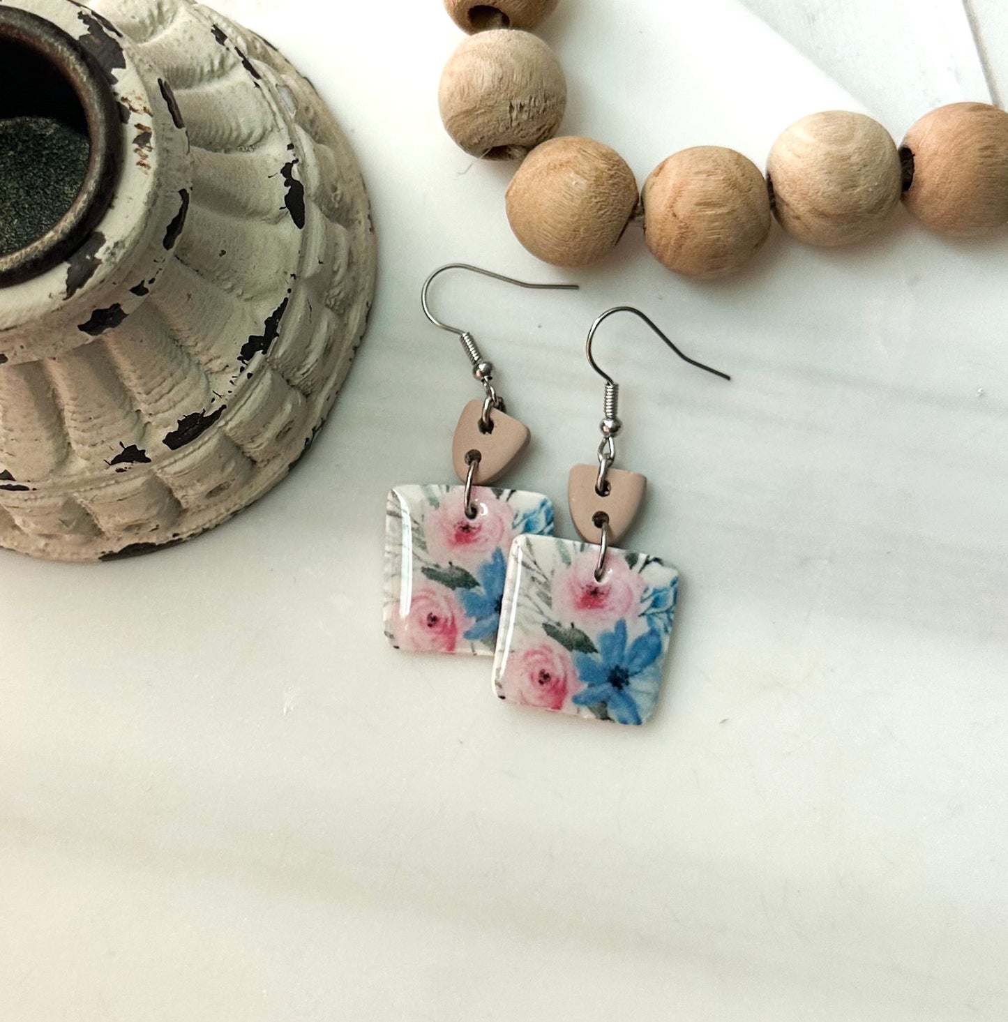 Polymer Clay Earrings • Pink & Blue Floral