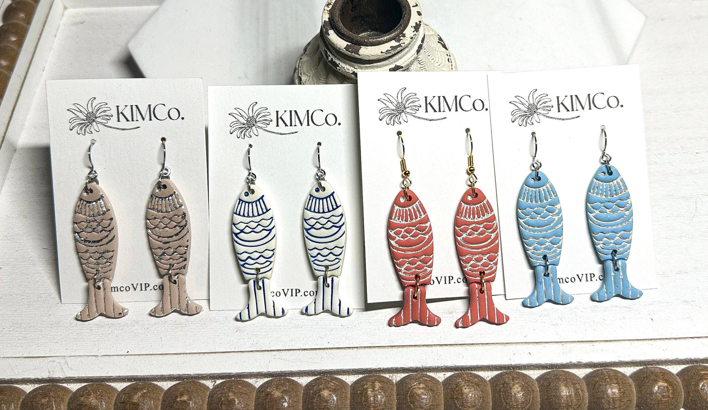 Polymer Clay Earrings - Embossed Fish • 4 Color Options