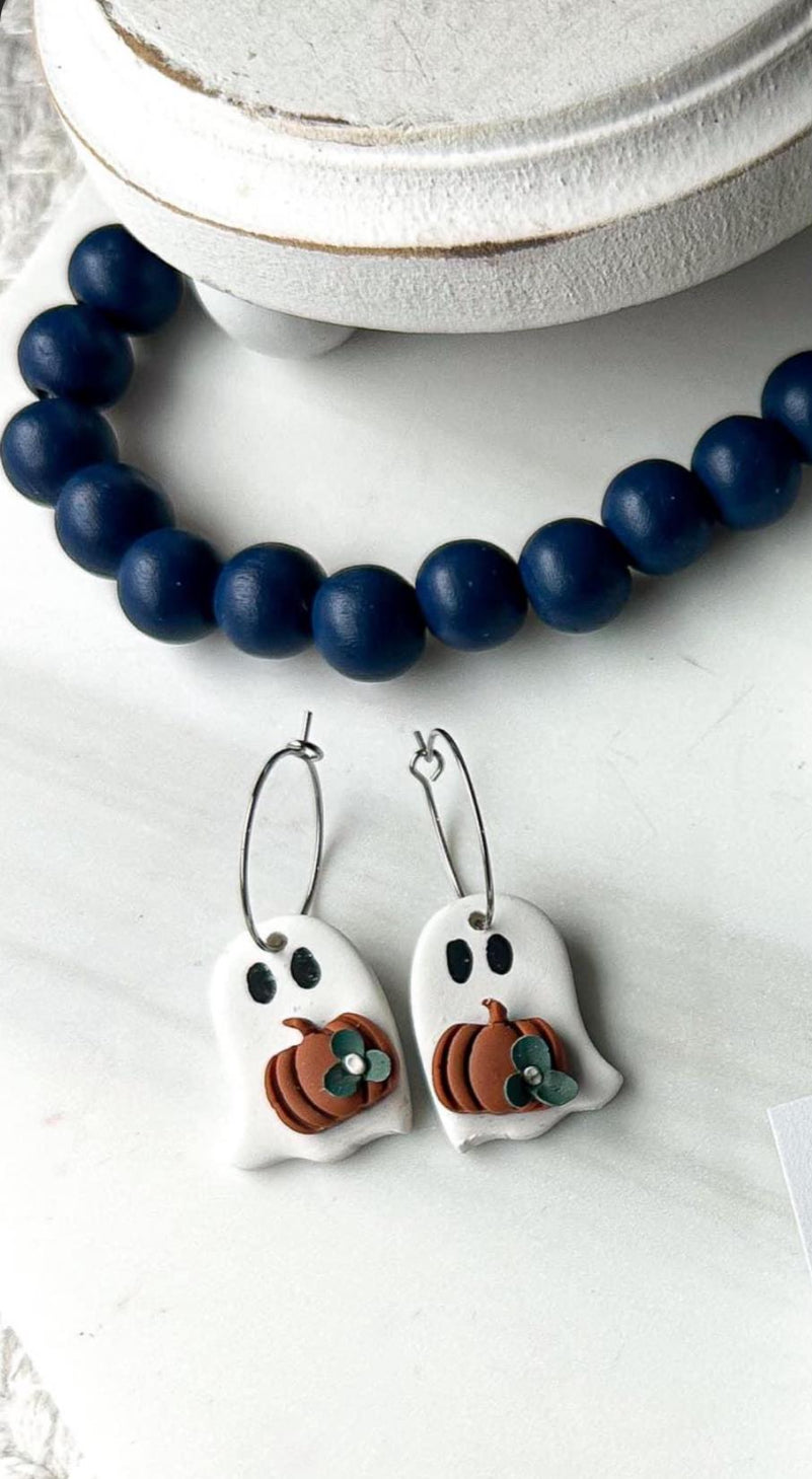 Polymer Clay Earrings - Ghost with Flower