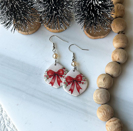 Polymer Clay Earrings - Red Christmas Bow