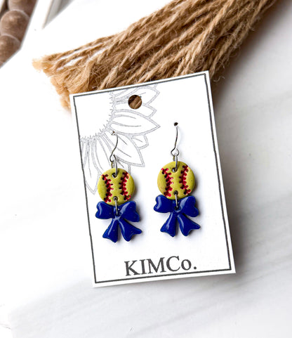 Polymer Clay Earrings - Everyday • Baseball & Softball • 3 Bow Color Options