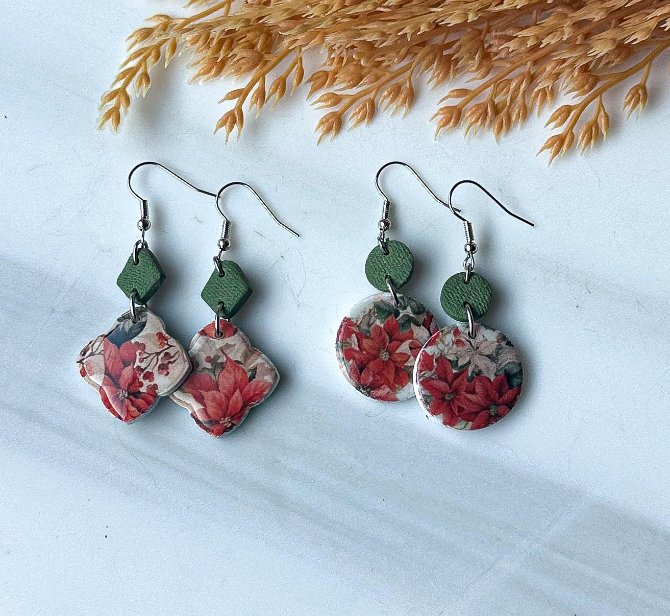 Polymer Clay Earrings - Christmas Poinsettia