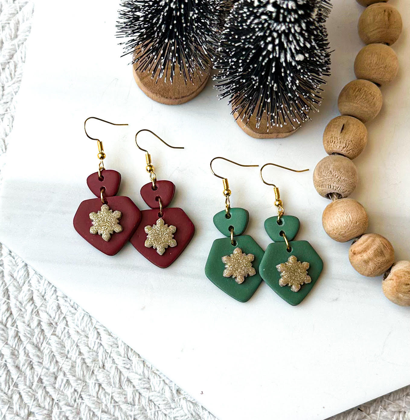 Polymer Clay Earrings -Diamond Shape with Snowflake