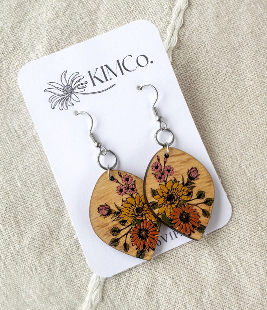 Fall Flower Bouquet Wood Earrings