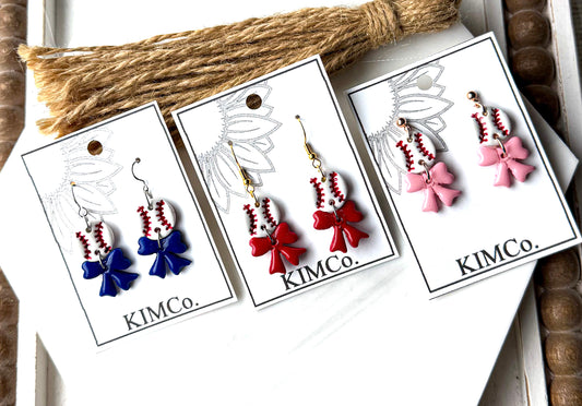 Polymer Clay Earrings - Everyday • Baseball & Softball • 3 Bow Color Options