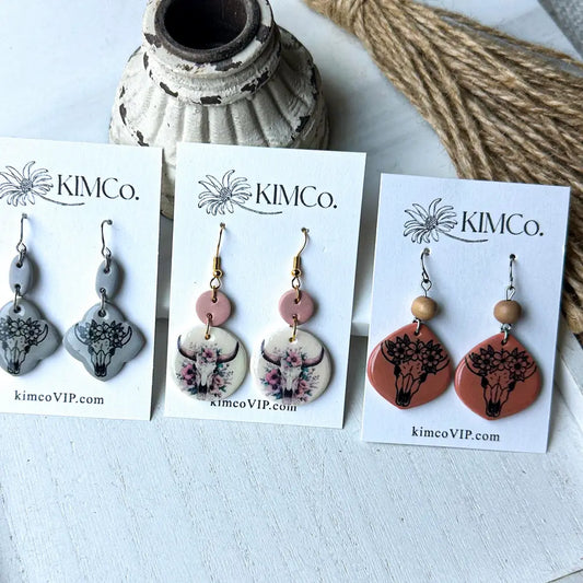 Polymer Clay Earrings -  Bull Skull