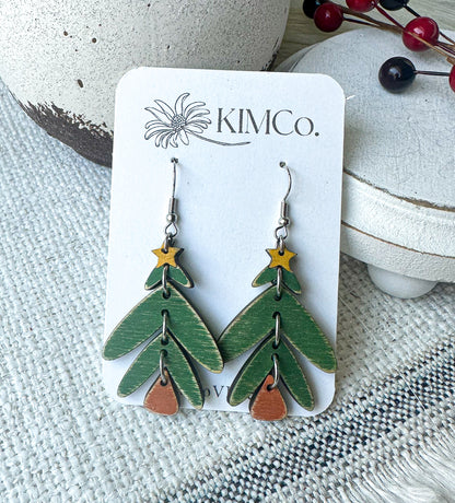 Dangle Christmas Tree Wood Earrings • 2 options