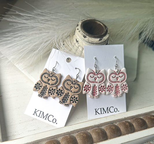 Polymer Clay Earrings -  Embossed Owl
