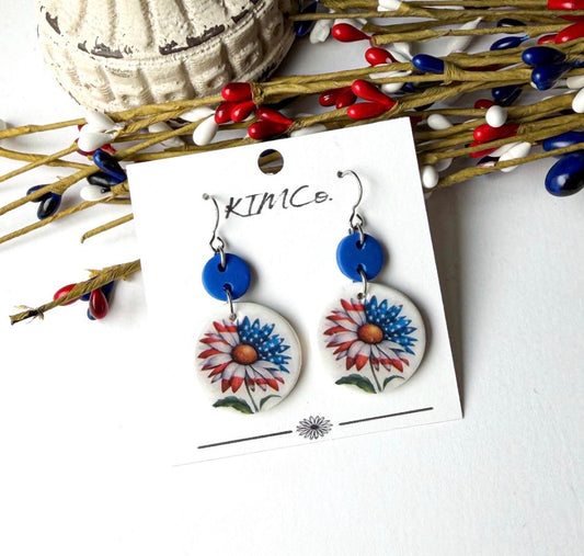 Polymer Clay Earrings - Patriotic Daisy