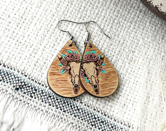 Bull Skull Wood Earrings