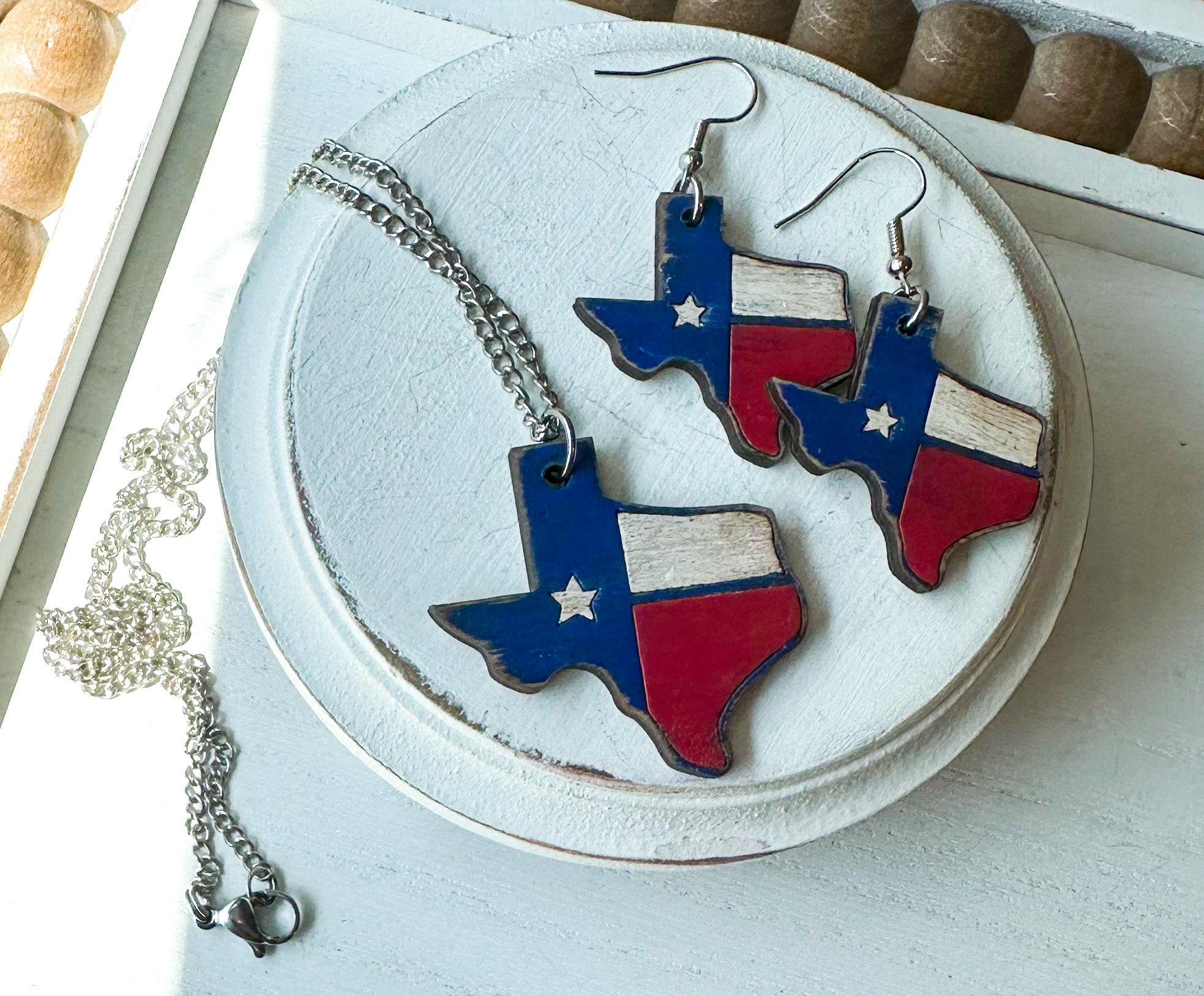 Texas Red, White & Blue Wood Earrings & Necklace Set