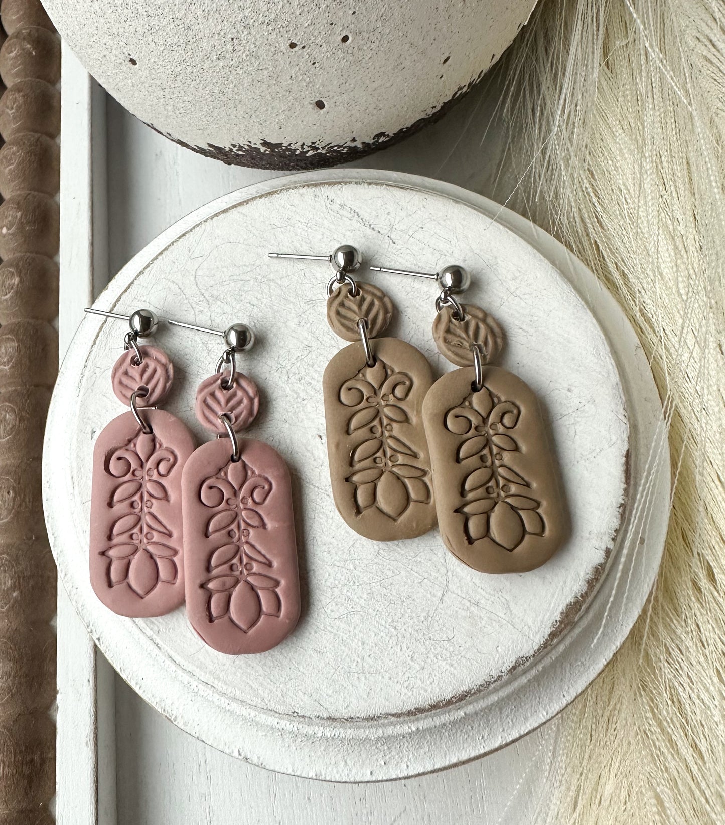 Embossed Boho Design Polymer Clay Earrings • 2 Color Options