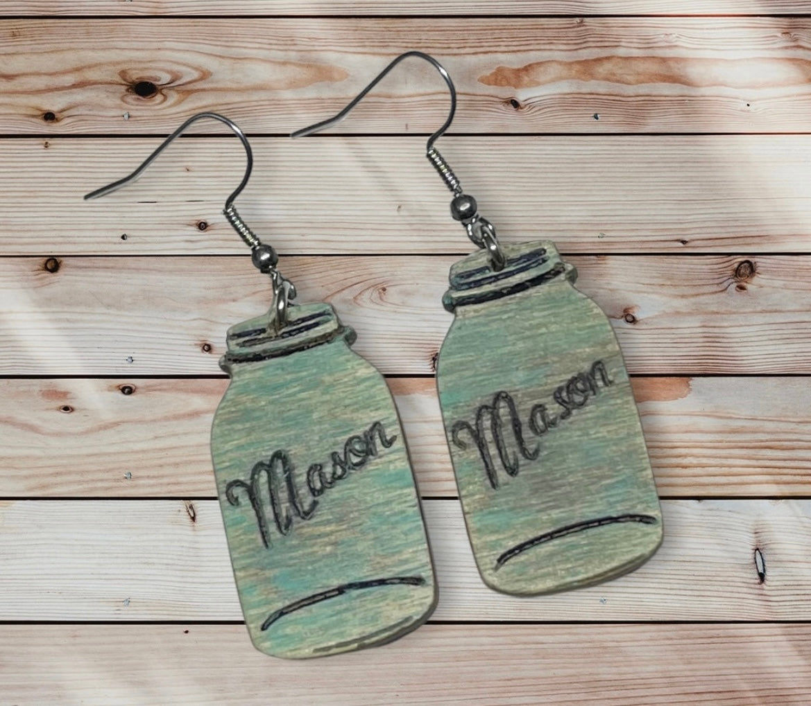 Mason Jar Wood Earrings