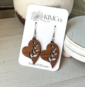 Wood Heart Leaf Cutout Earrings