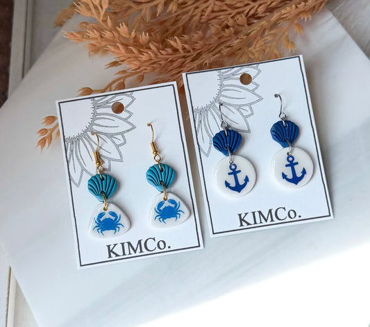 Polymer Clay Earrings - Beach - Crab and Anchor