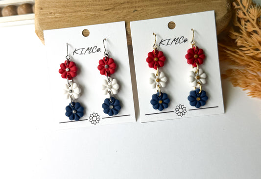 Polymer Clay Earrings - Patriotic Flower Drop