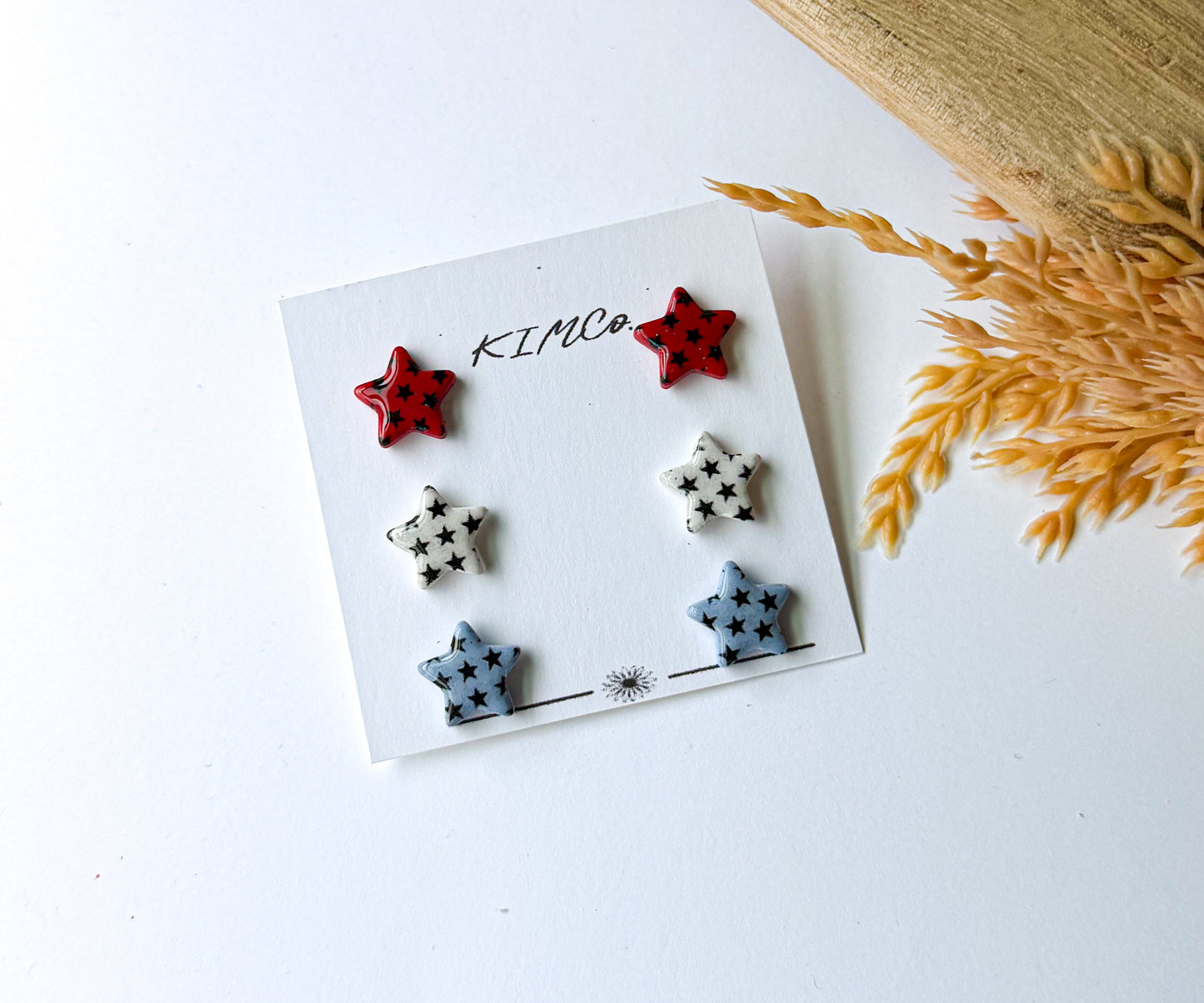 Polymer Clay Earrings - Patriotic Star Stud Earrings - Set of 3