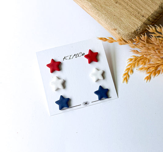Polymer Clay Earrings - Patriotic Star Stud Earrings - Set of 3