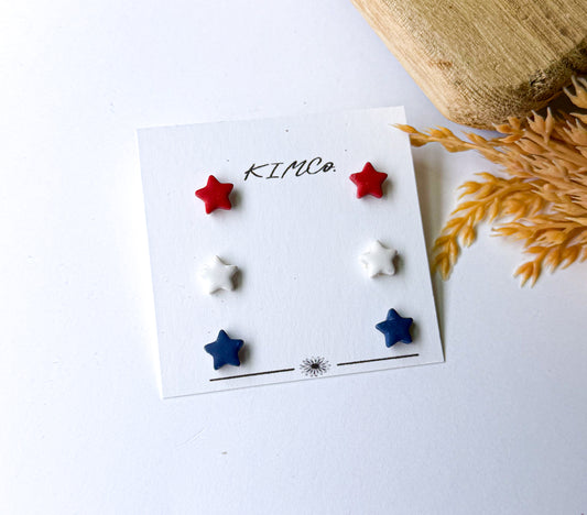 Polymer Clay Earrings - Patriotic Mini Star Stud Earrings - Set of 3