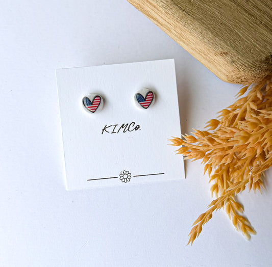 Polymer Clay Earrings - American Flag Heart Stud Earrings