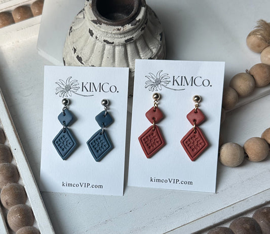 Polymer Clay Earrings - Embossed Diamond Drop • 3 Color Options