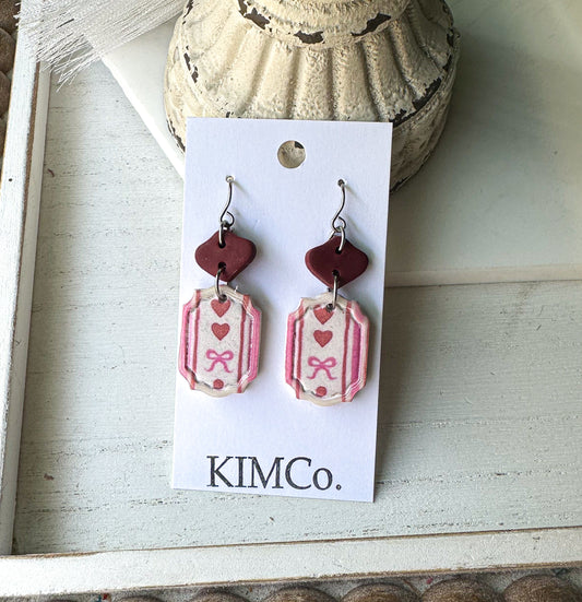 Polymer Clay Earrings • Frame with Bow and Heart