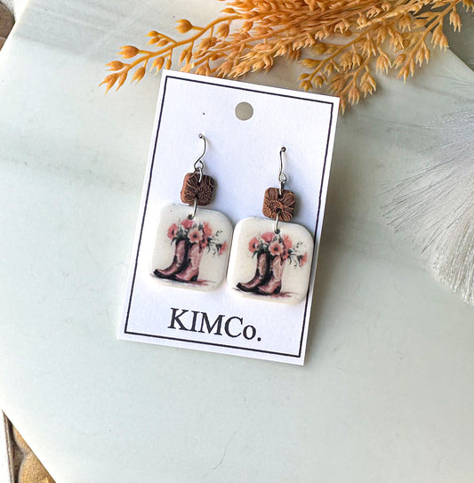 Polymer Clay Earrings - Western Boots & Flowers
