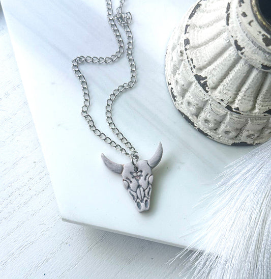 Polymer Clay Necklace - Bull Skull