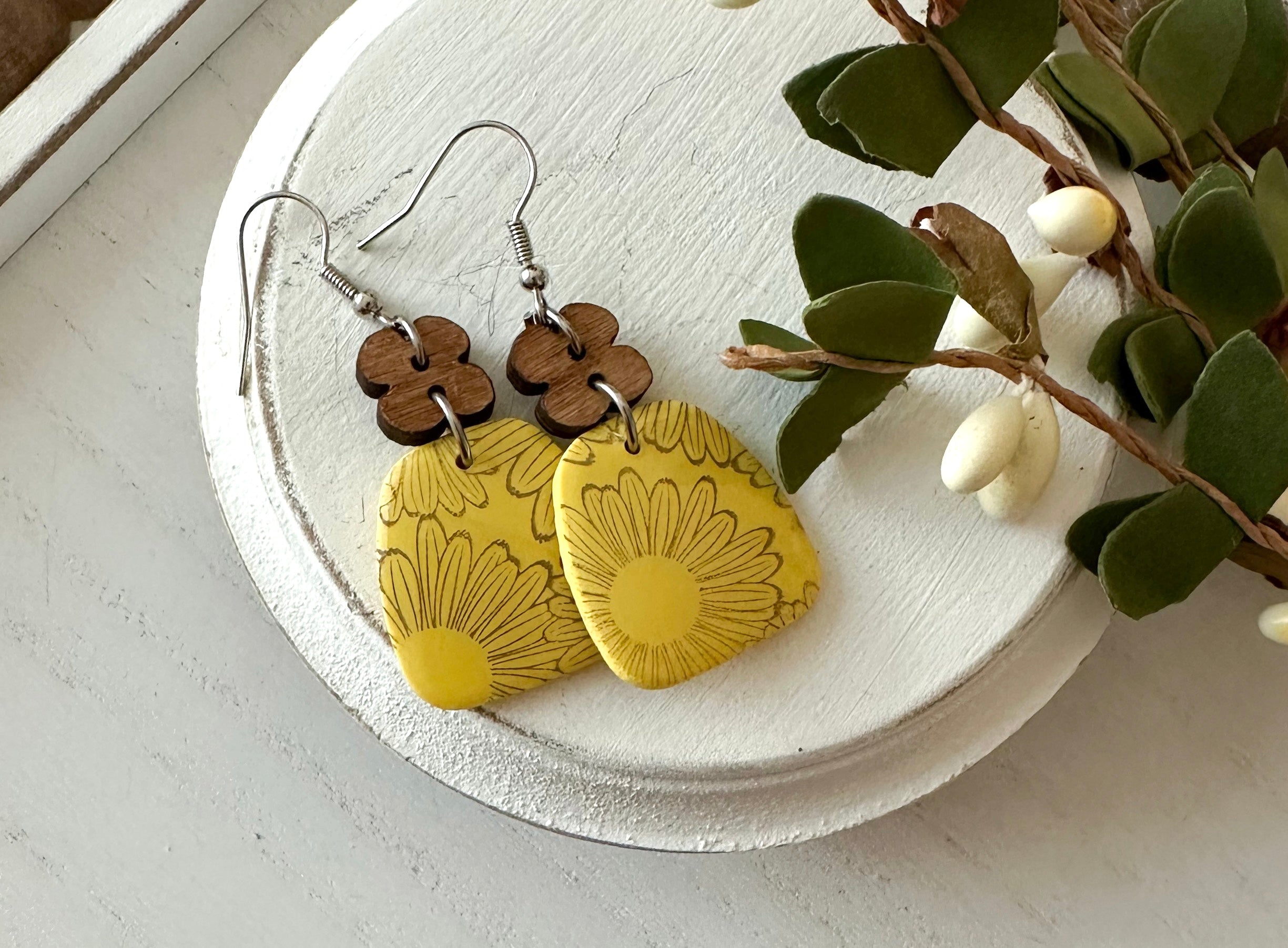 Sunflower Print Polymer Clay Earrings * 2 Style Options