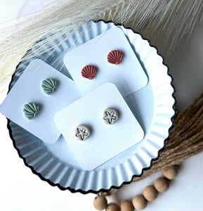 Polymer Clay Stud Earrings - Beach Inspired - Shells and Sand Dollar